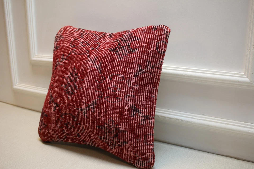 Vintage Turkish Kilim Pillow Cover 16x16 – Handmade Red Decorative Cushion - Image 3 of 4