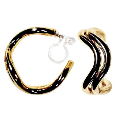 Gold Double Waved Hoop Invisible Clip On Earrings For Women Comfortable Non Pier