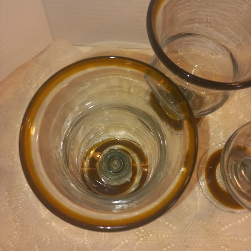 4 mexikanische mundgeblasene Wein/Sangria Gläser brauner Rand & Wirbel Boho Vibe 6,5" Vintage - Bild 3 von 10