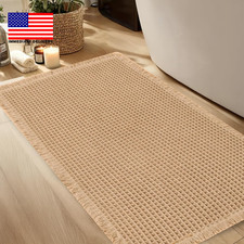 Waffle Bath Mat, Super Absorbent Non Slip Bathroom Rug with Tassels, Machine Was