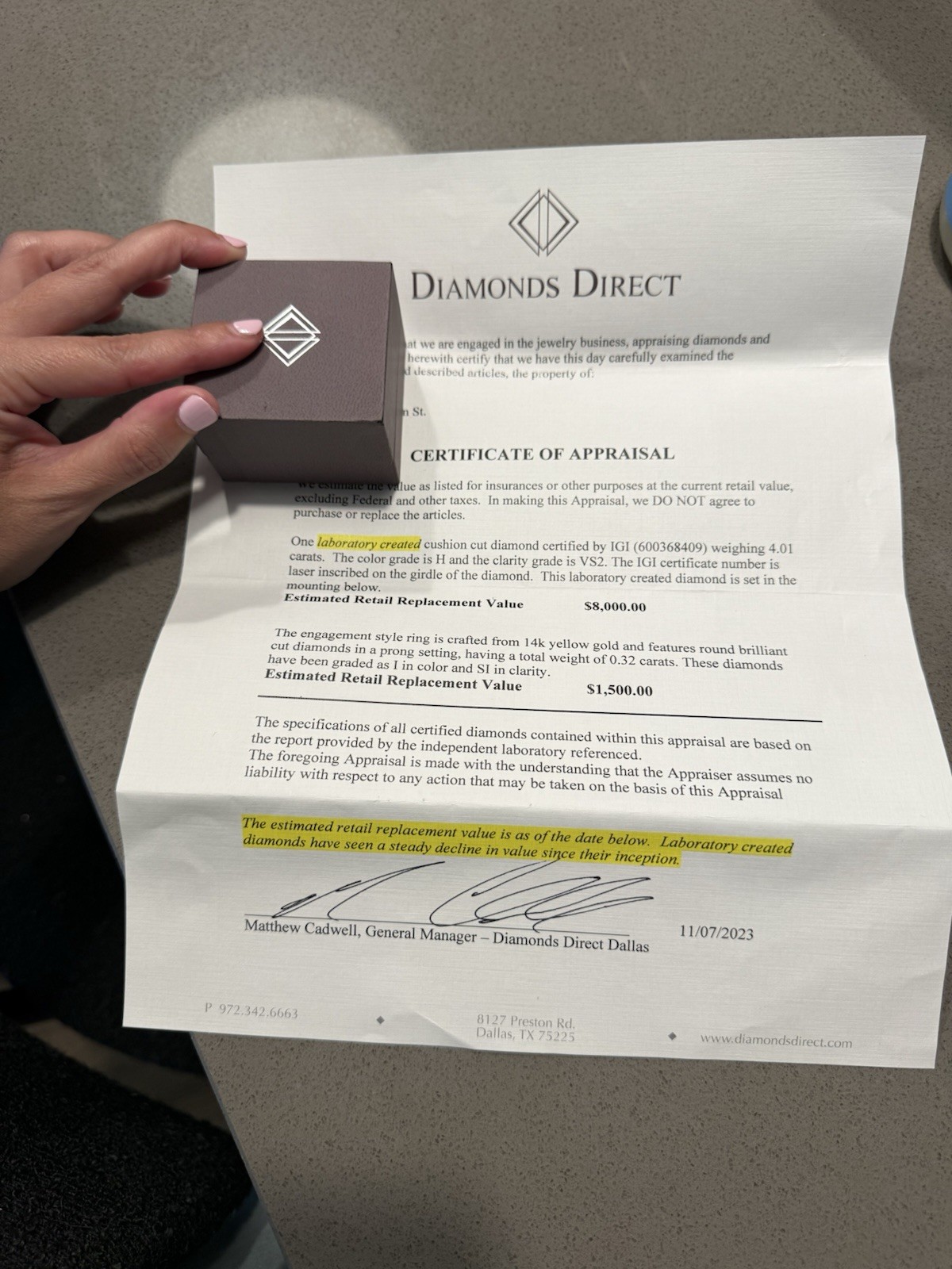 4.01 Lab Grown Elongated Cushion Diamonds Ring