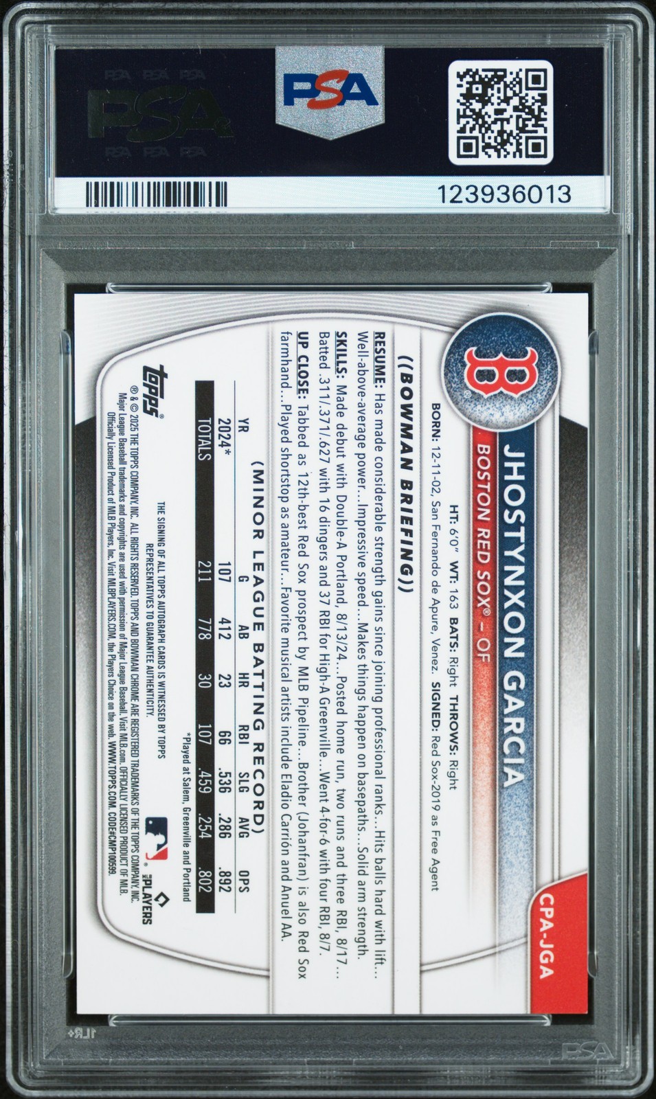 2025 BOWMAN CHROME PROSPECT AUTOS #CPAJGA JHOSTYNXON GARCIA 6/25 PSA 9 AUTO 10 view 2