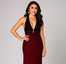 NWT SCALA Sequined Evening Beaded Halter Silk Burgundy Maxi Prom Dress L 9-10