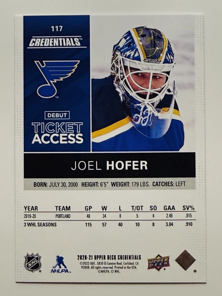 2020-21 UD Credentials Debut Ticket Access update /999 #117 Joel Hofer  - Image 2 of 4