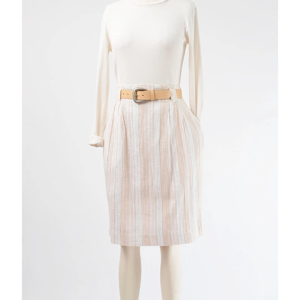 Falda Vintage Años 90 Rayas Lino Algodón Gasa Cintura Alta Cinturón con Bolsillos M Foto 2 de 4