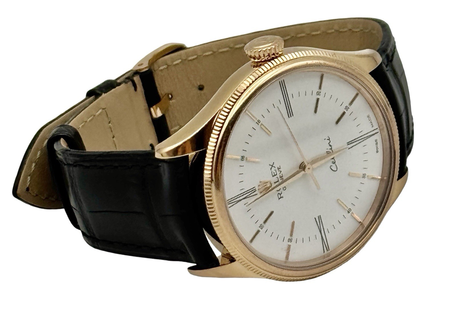 Rolex Cellini 18K Rose Gold White Dial Black Strap Ref. 50505 39 mm Watch