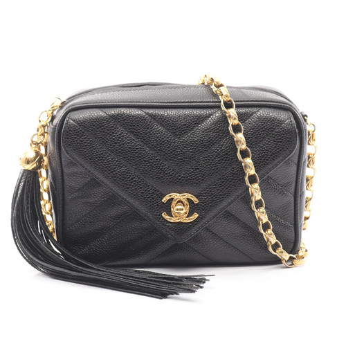 Chanel V Stitch Chevron Shoulder Bag Black Leather Gold Hardware #RCB3174
