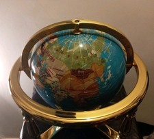 Gemstone World Globe 3d Map Sky Blue Semi-Precious Stone Brass Stand Compass 9"