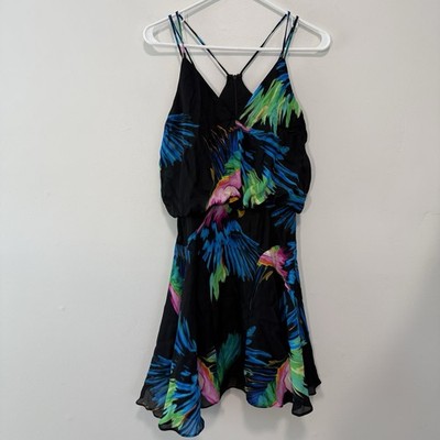 Milly NWT Silk Black Parrot Tropical Multicolor Print Tank Mini Dress Size 2
