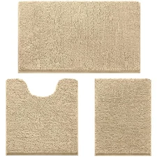 3-Piece Ultra Soft Non-Slip Chenille Bathroom Rug Set - Beige