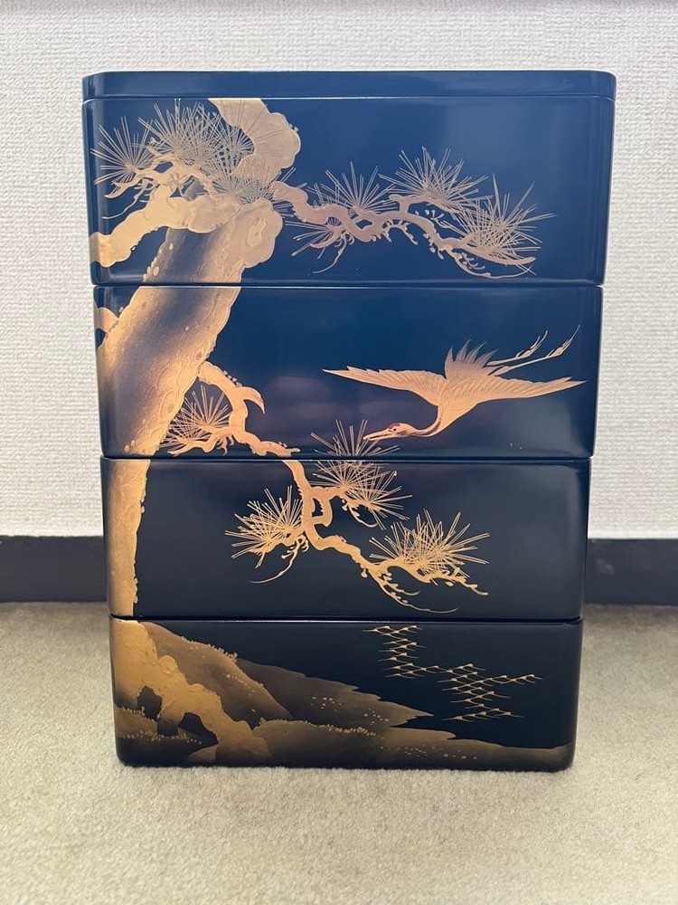 Jubako Bento Box Japanese Lacquer Wooden Makie Gold 4 Tiers Crane Turtle Pine An