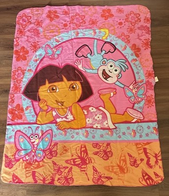 VINTAGE Dora the Explorer & Boots Flowers Plush Blanket Here We Go Nick Jr Y2K