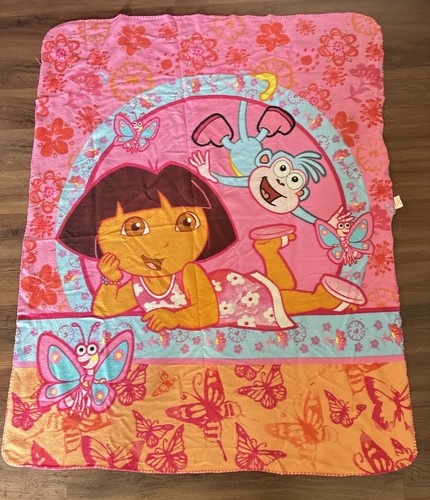VINTAGE Dora the Explorer & Boots Flowers Plush Blanket Here We Go Nick Jr Y2K