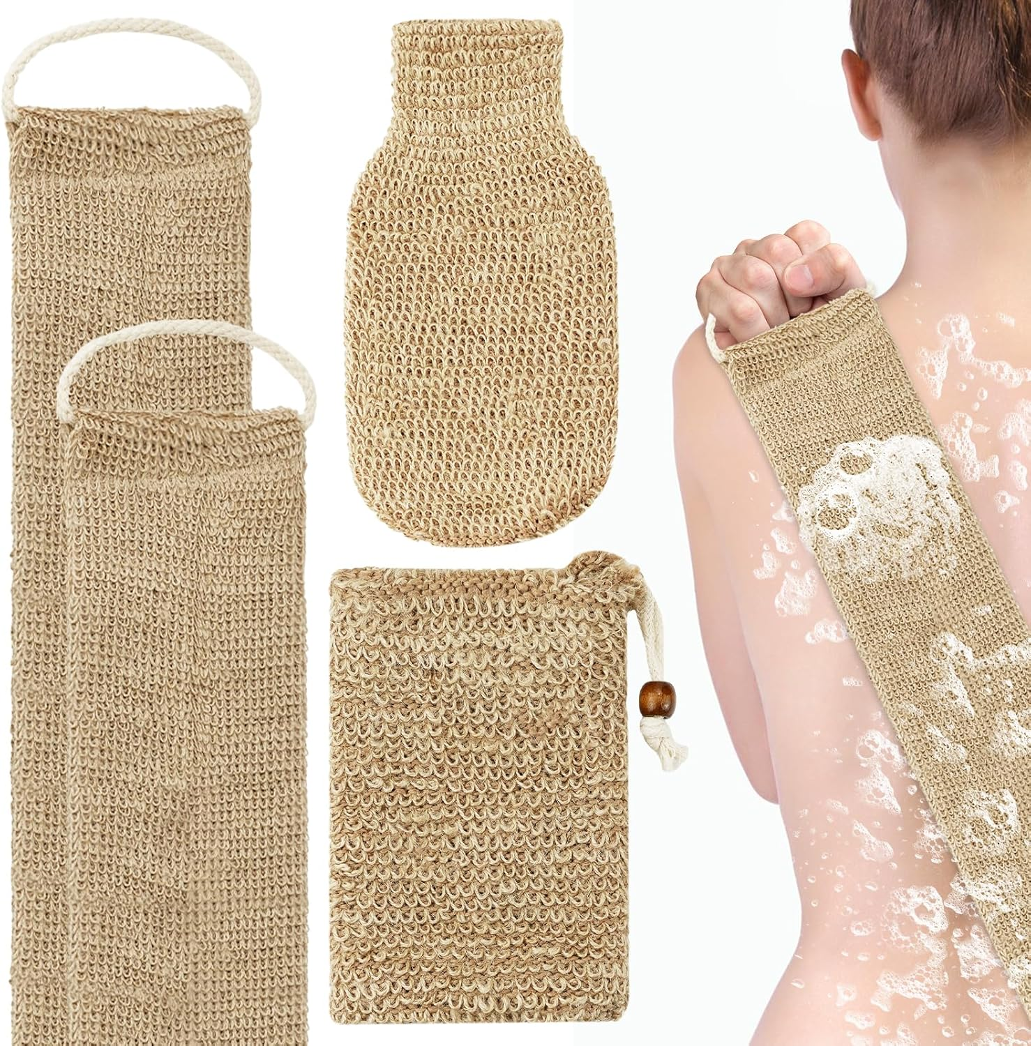 3Pcs Natural Hemp Back Scrubber, 100% Natural Exfoliating Back Strap with Mitt,