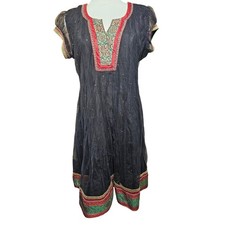 Neerus Black Embroidered Sheer Tunic Dress Keyhole Back Red Green Trim Womens L