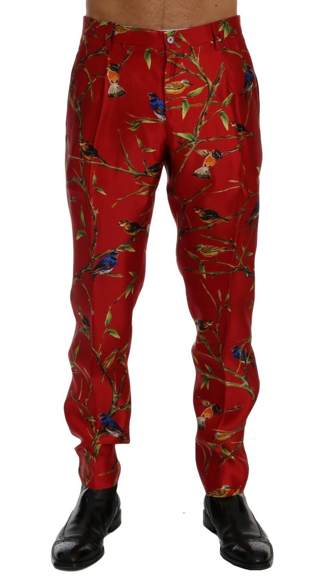 【関税＆送料込み】Dolce & Gabbana Silk Trousers Dolce & Gabbana Red Silk Bird Print Dress Men's Pants