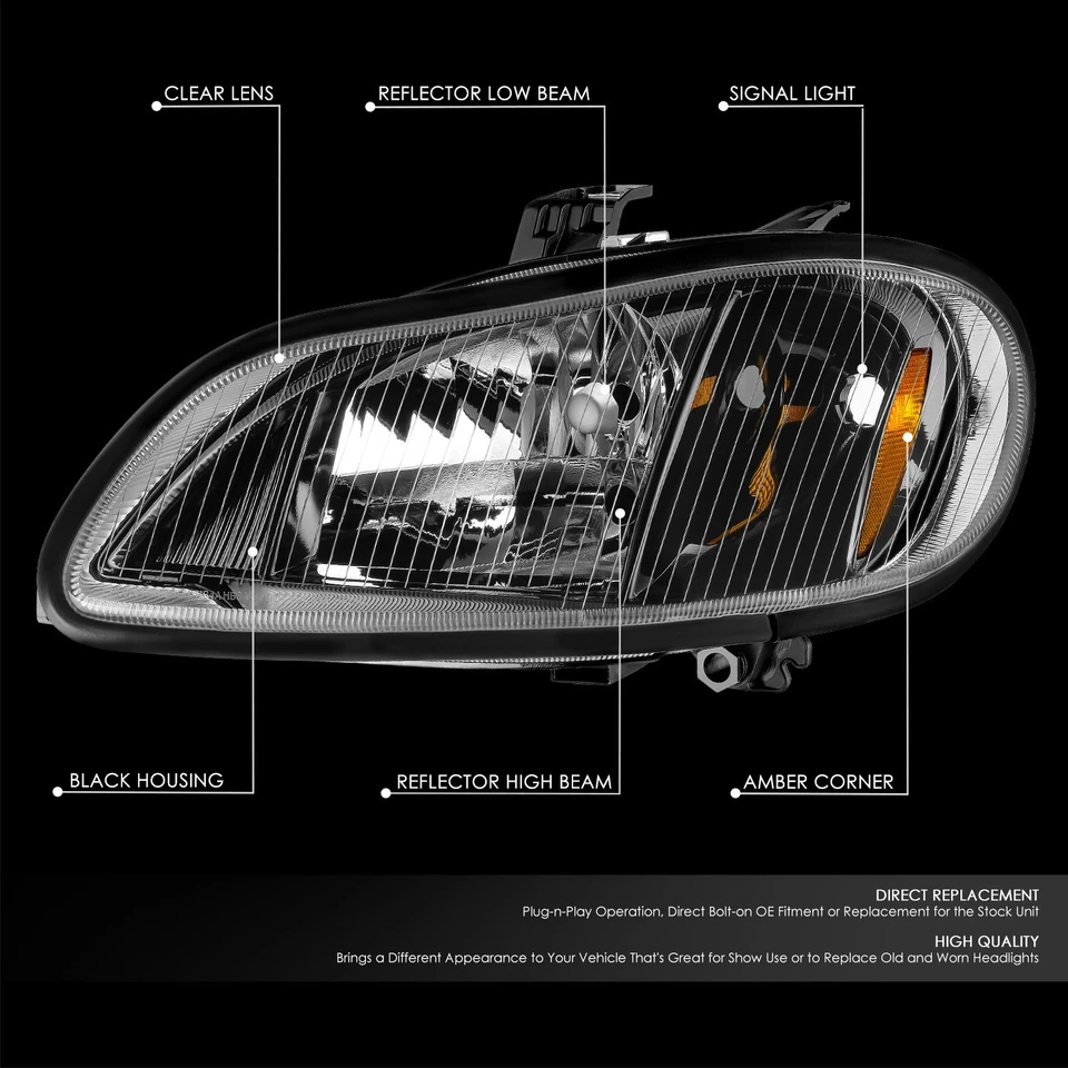 Pair Left+Right Set Black Headlights Complete For 03-19 Freightliner M2 106 112 - Image 2 of 4
