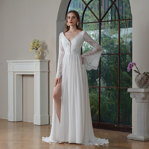 Beach Boho Wedding Dresses Lace Long Flare Sleeves Open Back V-Neck Bridal Gowns - Picture 4 of 8