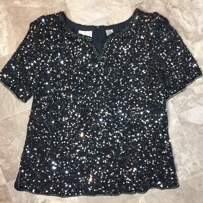SCALA VTG Women's 1X Sequence Beaded Black Short Sleeve Sick Blouse