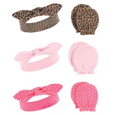 Hudson Baby Cotton Headband and Scratch Mitten 6pc Set, Leopard, 0-6 Months