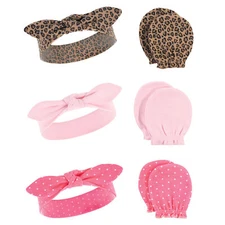 Hudson Baby Cotton Headband and Scratch Mitten 6pc Set, Leopard, 0-6 Months