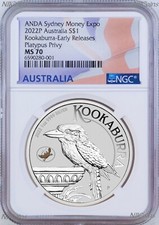 2022 Kookaburra 1oz Silver Coin Platypus Privy Sydney Money Expo NGC MS70 ANDA E