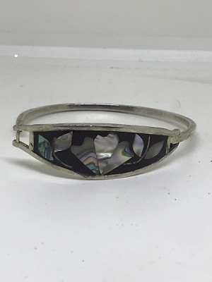 Signed Delicate Inlaid Mother Of Pearl Jet Silver Hinged Bracelet