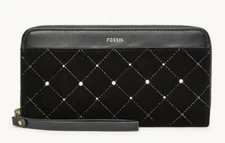New Fossil Jori Zip Clutch wristlet RFID wallet Velvet with Leather Black