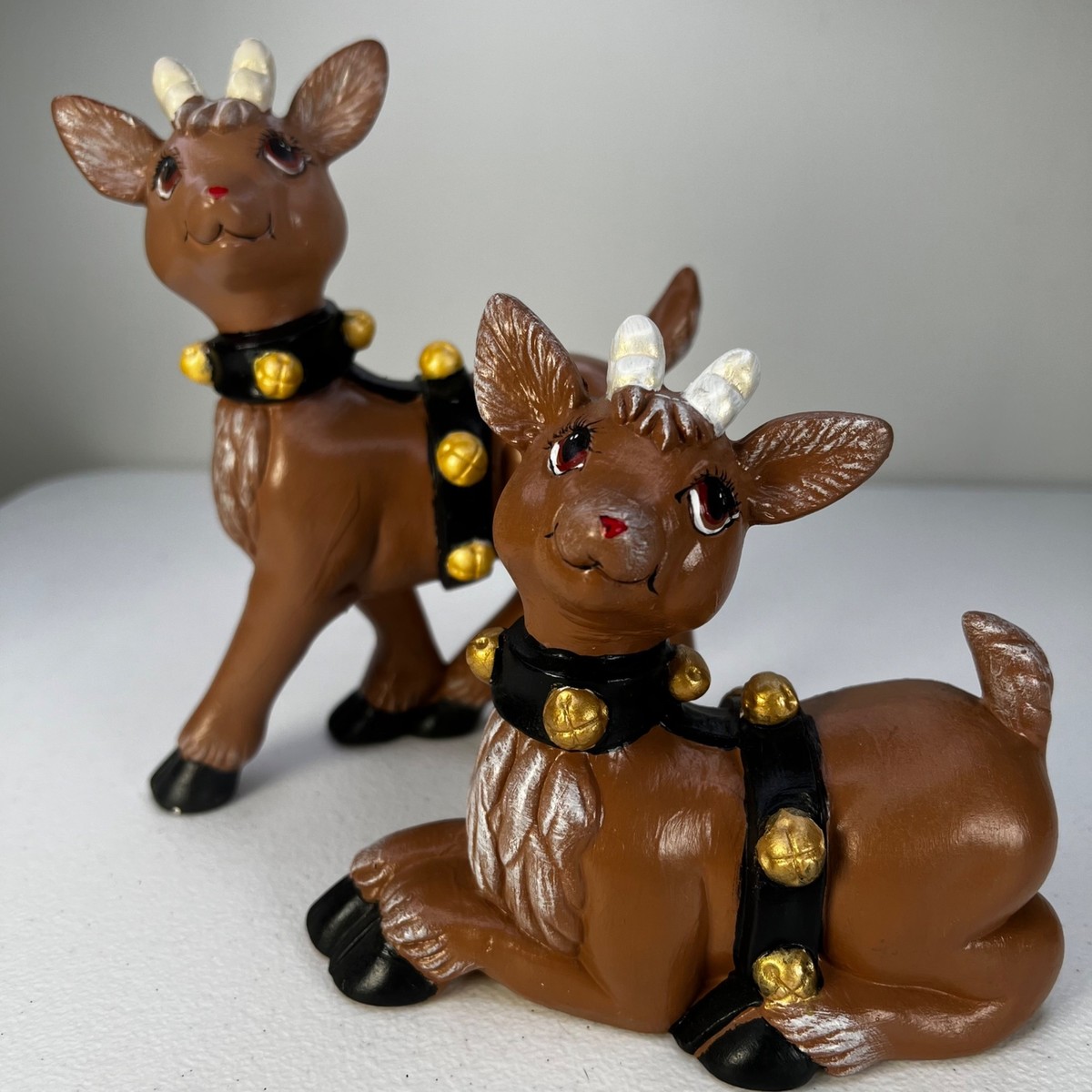 * pottery animal ❀ reindeer トナカイ Lot of 2 70's or 80's Kitsch Vintage Hand Painted Ceramic Reindeer