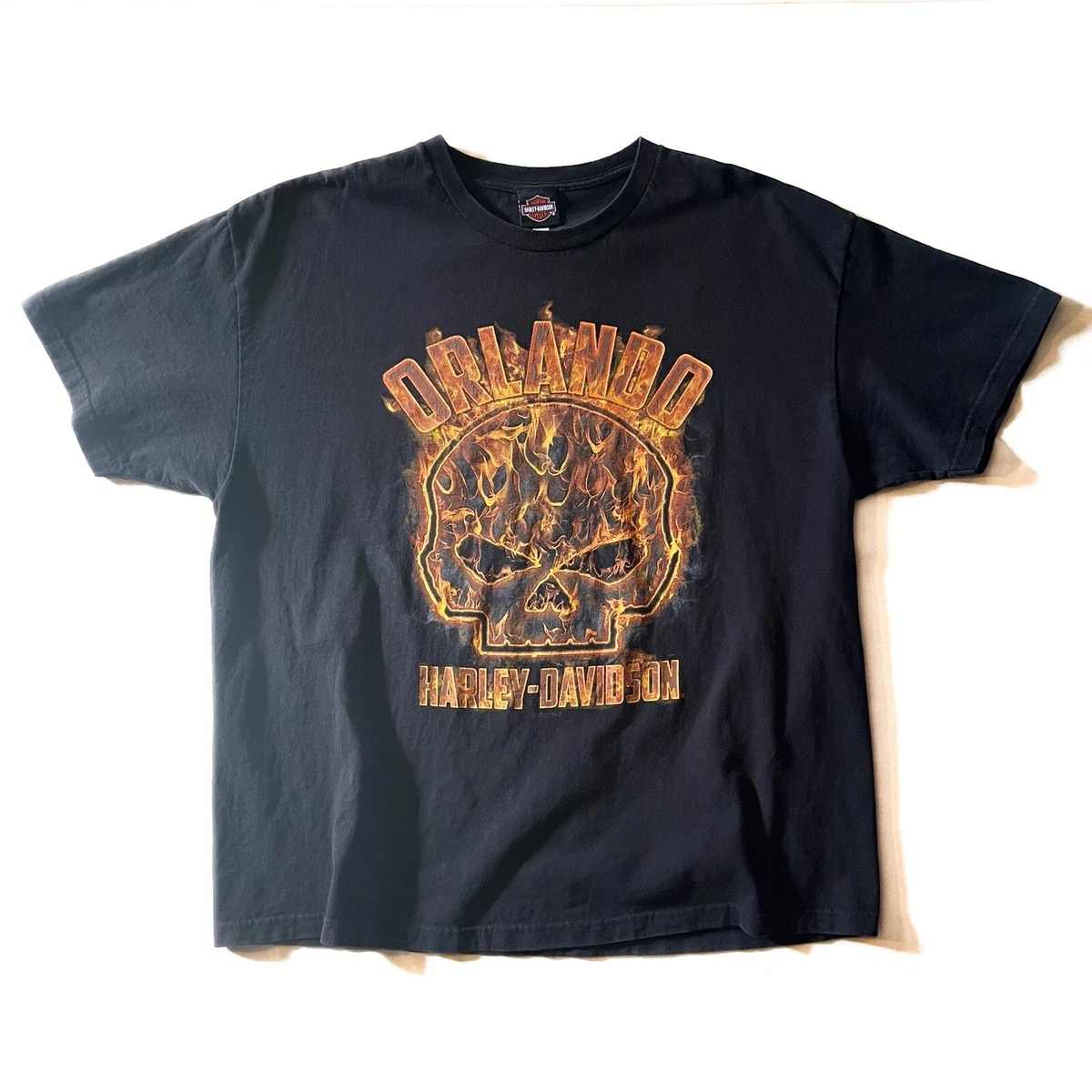 Harley Davidson Mens Black Orlando Florida USA Crew Neck Fire Skull T Shirt 2XL
