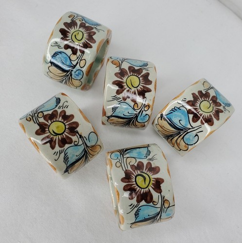 Tonala Mexico Folk Art Napkin Rings Floral Blue Yellow Orange 5 Ceramic Signed - Picture 12 of 16