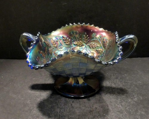 Northwood Carnival Fruits and Flowers Cobalt Blue Two Handled Bon Bon - MINT - Picture 4 of 8
