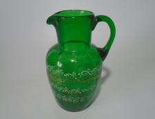 Antique Bohemian 5" / 13cm Green Glass Milk Jug, White Enamel Decoration