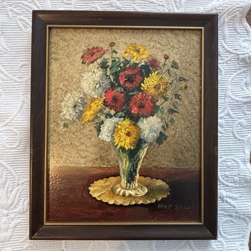Vintage Still Life Oil Painting by Ernst Schildt Floral Mums On Vase Signed - Picture 3 of 12