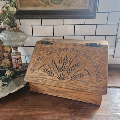 Give Us This Our Daily Bread Wood carved Oak Breadbox