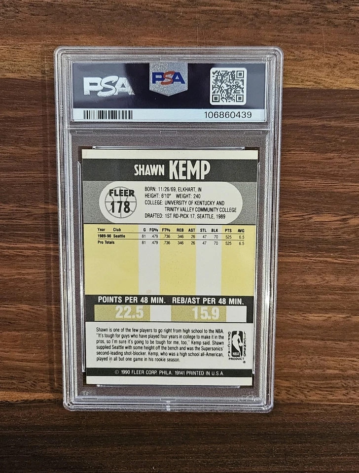 1990 Fleer #178 Shawn Kemp Seattle Supersonics RC PSA 9 MINT Rookie Card - image 2 of 2