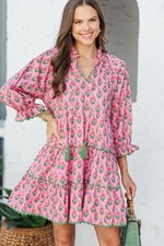 Entro Pink Floral Medallion Tiered Dress with Green Scallop Trim Size Large
