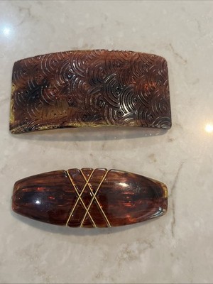 Vintage Lot Faux Tortoise French Clip Barrette Gold Detail