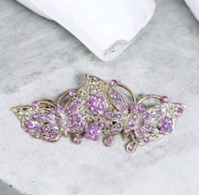Vintage Lavender Rhinestone Butterflies Butterfly Silver Hair Bar Clip Barrette 