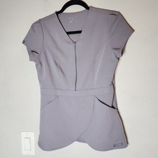 Jaanuu Tulip Peplum Zip V-neck Short Sleeve Grey Scrub Top Women's Size XS