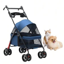 Blue 4-Wheel Pet Stroller, Foldable Dog Cat Cart with Cage, Storage Basket & Cup