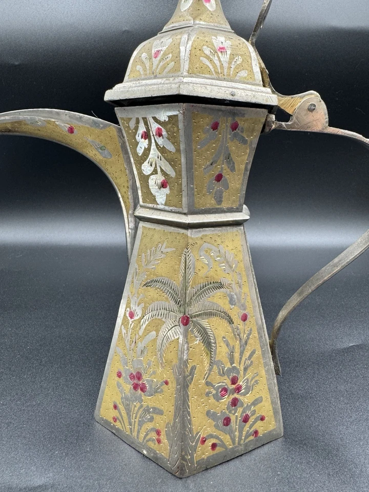 Vintage Iraqi Brass Dallah Arabic Coffee Pot Enamel Palm Tree Made in Iraq Rare - Image 3 of 4