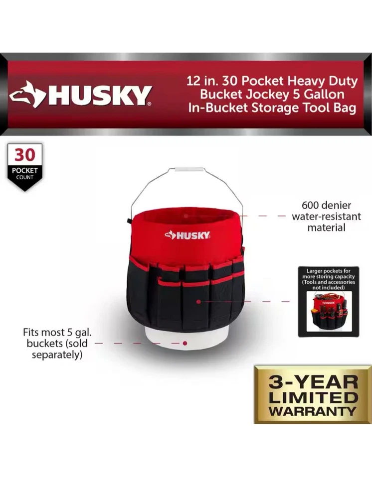 Husky 12” 30-Pocket Heavy-Duty Bucket Jockey Tool Bag for 5 Gal Bucket Storage - Image 4 of 4
