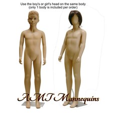 Child fullbody realistic looking mannequin w. 1 girl, 1 boy head metal base wig