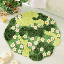 Moss Bath Mat Green Bathroom Rug with Small White Flowers Non Slip Door Mat f...