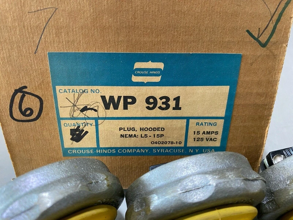 SIX (6) CROUSE-HINDS WP 931 Hooded Locking Plugs NEMA L5-15P 15A 125VAC (NEW) - Image 2 of 4