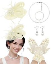 1920s Vintage Fascinators Hats for Women Bunny Veil Hat Lace Gloves Beige