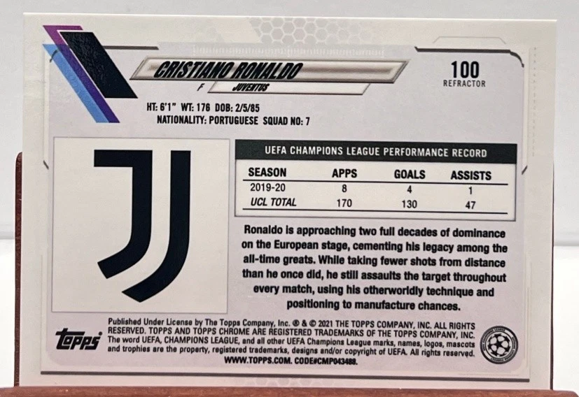Cristiano Ronaldo 2020-21 Topps Chrome UCL Refractor #100 - Image 2 of 2