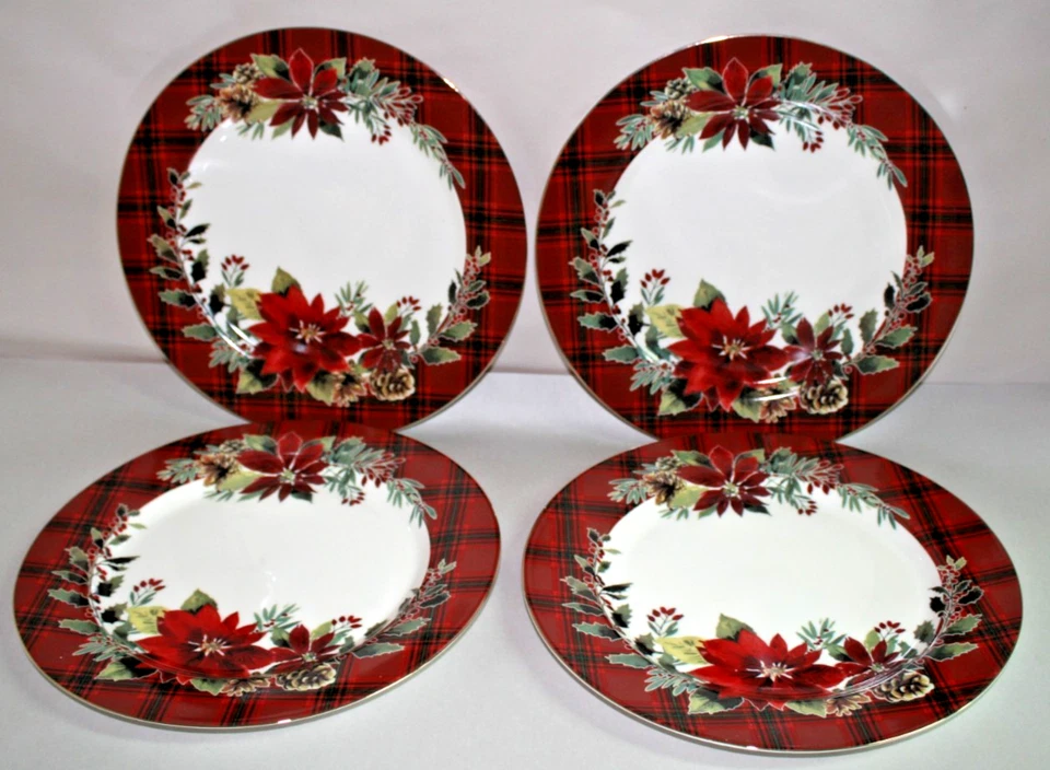 Grace Fine Porcelain Holiday Poinsettia Holly Plaid Dinner Plates Set/4 New - Image 2 of 3