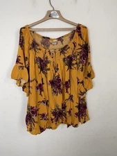 Terra & Sky Blouse Womens 3X Yellow Fall Floral Country Boho Peasant Romantic